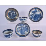 18th c. Caughley porcelain Pagoda beaker and saucer, two Temple tea bowls and saucers (6)