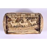 AN ANTIQUE BAVARIAN CARVED HORN SNUFF BOX decorated with stag in landscapes. 8 cm x 4 cm.
