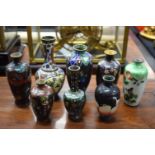 EIGHT 19TH CENTURY JAPANESE MEIJI PERIOD CLOISONNE ENAMEL VASES. Largest 16 cm high. (8)