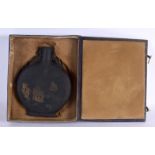 A RARE EARLY 20TH CENTURY CHINESE TWIN HANDLED INK BLOCK PILGRIM FLASK Late Qing/Republic. 27 cm x 1