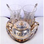 AN ANTIQUE RUSSIAN SILVER TEASET. 409 grams no glass. Largest 11 cm x 8 cm. (6)