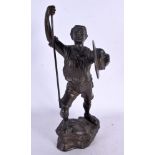 A 1920S EUROPEAN BRONZE FIGURE OF A MALE modelled holding his hat upon a naturalistic base. 31 cm hi