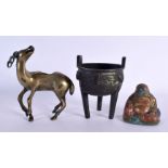 A 17TH CENTURY CHINESE TWIN HANDLED BRONZE CENSER Ming/Qing, together with bronze deer & small buddh