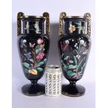 A LARGE PAIR OF LATE 19TH CENTURY AESTHETIC MOVEMENT TWIN HANDLED VASES enamelled with butterflies a