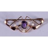 A 9CT GOLD BUTTERFLY BROOCH SET WITH AMETHYST AND SEED PEARLS. Stamped 9ct, 1.5cm x 3.8cm, weight 2