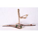 A LOVELY 18CT GOLD EMERALD AND DIAMOND BROOCH. 4.7 grams. 6 cm wide.