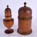 AN ANTIQUE TREEN CARVED WOOD PEPPER POT together with a similar box and cover. Largest 16 cm high. (