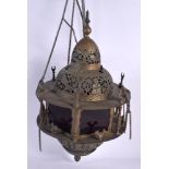 AN ANTIQUE PERSIAN RISING BRASS MOSQUE LAMP. 45 cm x 22 cm.