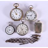 TWO ANTIQUE SILVER POCKET WATCHES etc. Largest 5.5 cm wide. (5)