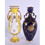 Early 20th century Royal Crown Derby blue ground two handled vase with raised paste gilding and anot
