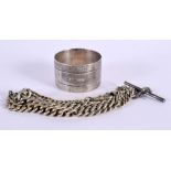 A VICTORIAN SILVER NAPKIN RING and watch chain. Napkin Sheffield 1885. 68 grams. Largest 56 cm long.