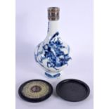 A 19TH CENTURY CHINESE BLUE AND WHITE SILVER MOUNTED VASE bearing Kangxi marks to base, together wit