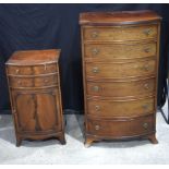 A Mahogany bow fronted 6 drawer chest together with a smaller bedside cabinet 107 x 61 x 47 cm