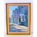 A framed oil on canvas of a a building signed F Geere dated 1972 41 x 29 cm.