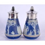 A PAIR OF ART DECO SILVER MOUNTED WEDGWOOD CONDIMENTS. Sheffield 1930. 8 cm x 4.5 cm.