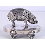 AN ANTIQUE CONTINENTAL SILVER TIE PIN HOLDER formed as a pig. 170 grams. 9 cm x 7 cm.