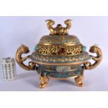 A RARE LARGE EARLY 20TH CENTURY CHINESE CLOISONNE ENAMEL AND JADE CENSER Late Qing/Republic, inset w