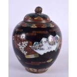 A 19TH CENTURY JAPANESE MEIJI PERIOD CLOISONNE ENAMEL JAR AND COVER decorated with fan shaped panels