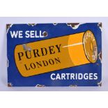 A PURDEY OF LONDON SHELL CARTRIDGE ENAMEL SIGN. 28 cm x 20 cm.