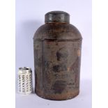 AN ANTIQUE COUNTRY HOUSE TOLEWARE TIN TOBACCO CANISTER AND COVER painted with a Chinaman. 38 cm x 20