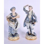 A PAIR OF 19TH CENTURY MEISSEN PORCELAIN FIGURES modelled as a male and female holding baskets of fl