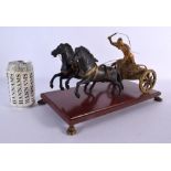 A 19TH CENTURY EUROPEAN GILT BRONZE CHARIOT RACING GROUP upon a rouge royale marble base. 32 cm x 20