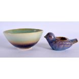 A CHINESE JUNYAO GLAZED POTTERY BRUSH WASHER 20th Century, formed as a bird, and a similar bowl. Lar