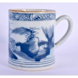 A SMALL 18TH CENTURY CHINESE EXPORT BLUE AND WHITE MUG Yongzheng/Qianlong, painted with landscapes.