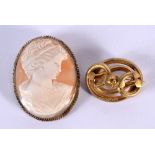 A VICTORIAN YELLOW METAL CAMEO BROOCH and another brooch. 33.3 grams. Largest 6 cm x 4.5 cm. (2)