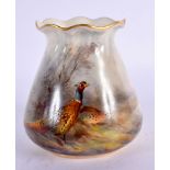 A ROYAL WORCESTER PHEASANT VASE by James Stinton. 8 cm x 6 cm.