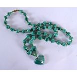 A CONTINENTAL CARVED MALACHITE HEART AND BEAD NECKLACE. 54 cm long.