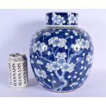 A LARGE 19TH CENTURY CHINESE BLUE AND WHITE GINGER JAR AND COVER Kangxi style. 27 cm x 15 cm.