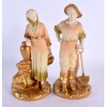 Royal Worcester pair of figures of a gardener and companion, he with a shovel and she with a pitcher