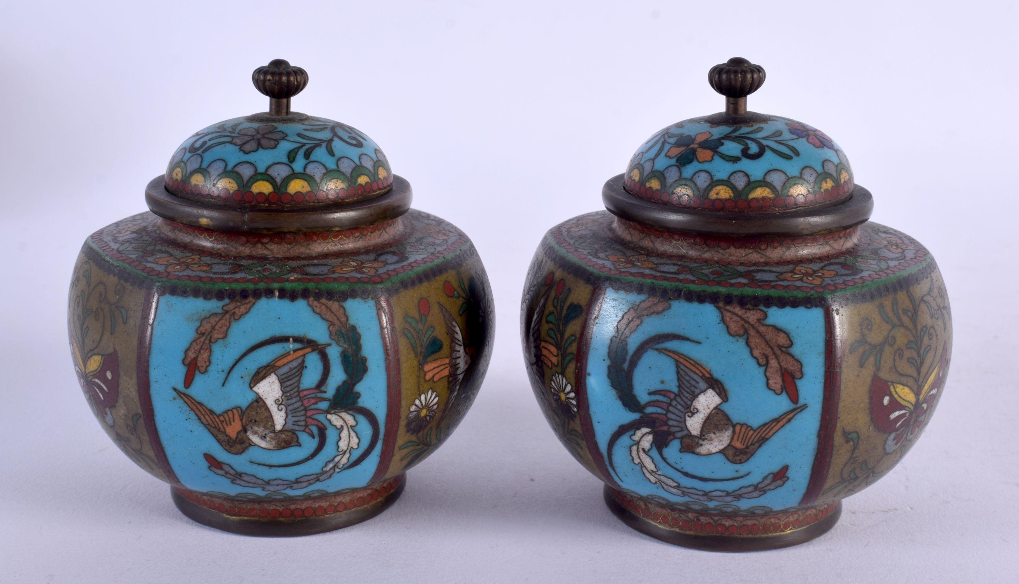 A PAIR OF 19TH CENTURY JAPANESE MEIJI PERIOD CLOISONNE ENAMEL JARS AND COVERS decorated with insects - Image 2 of 5