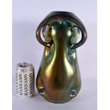 A LARGE ART NOUVEAU LOETZ STYLE IRIDESCENT POTTERY VASE. 30 cm x 12 cm.