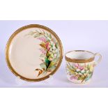 Royal Worcester cup and saucer painted with foxglove and heather by David Bates, date mark 1881. Sa