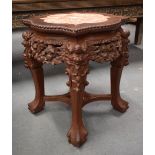 A 19TH CENTURY CHINESE CARVED HARDWOOD MARBLE INSET STAND. 45 cm x 34 cm.