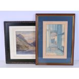 A FRAMED WATERCOLOUR OF A MOUNTAIN with monogram DMR, together with a framed pastel of a home C1938.