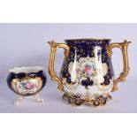 Royal Crown Derby cobalt blue loving cup painted with flowers and a footed Royal Crown derby vase pa