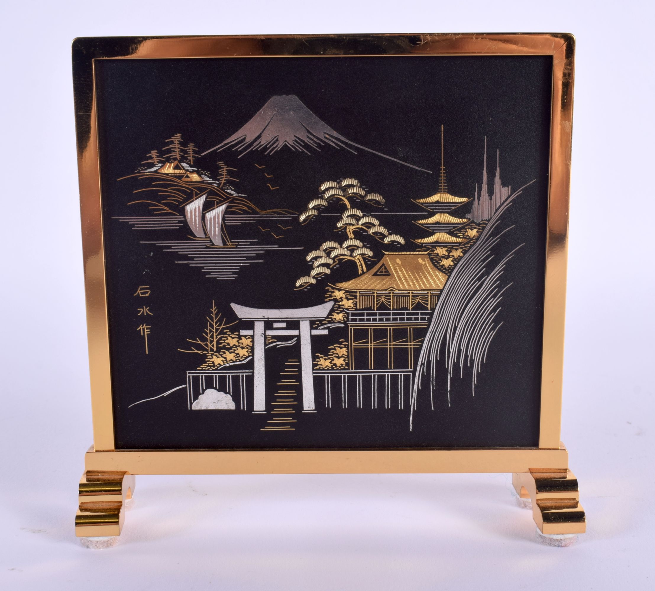 A JAPANESE TAISHO PERIOD MIXED METAL AMITA SCHOLARS SCREEN decorated with Mt Fuji. 11.5 cm x 11.5 cm