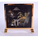 A JAPANESE TAISHO PERIOD MIXED METAL AMITA SCHOLARS SCREEN decorated with Mt Fuji. 11.5 cm x 11.5 cm