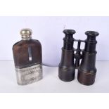 A vintage hip flask together with a pair of military binoculars 16 cm (2).