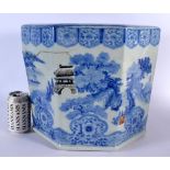 A LARGE 19TH CENTURY JAPANESE MEIJI PERIOD BLUE AND WHITE PORCELAIN JARDINIERE painted with landscap