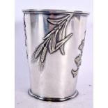 AN AESTHETIC MOVEMENT SILVER PLATED BEAKER decorated with foliage. 12 cm x 9 cm.