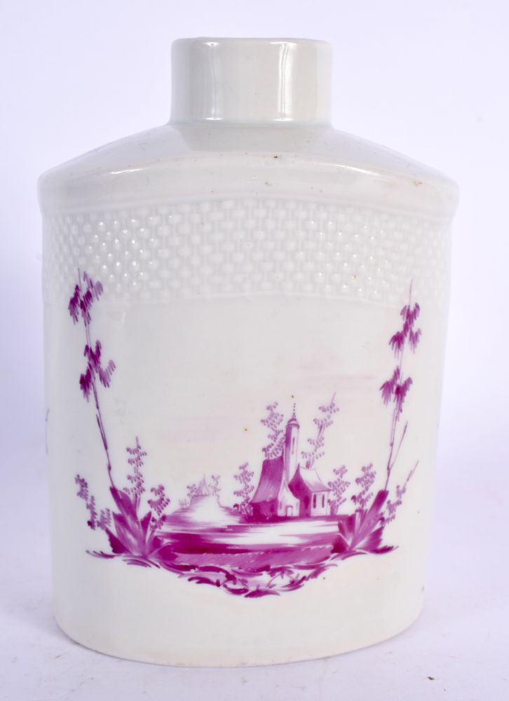 AN 18TH CENTURY GERMAN PORCELAIN TEA CANISTER painted in puce with landscapes. 12 cm x 8 cm. - Image 2 of 5