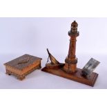 AN ANTIQUE TUNBRIDGE WARE CASKET together with a carved wood lighthouse desk stand. Largest 29 cm x