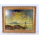 A FRAMED OIL ON BOARD OF A HARBOUR SCENE indistinctly signed 48 x 64 cm.