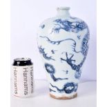 A Chinese porcelain blue and white MEIPING vase decorated with a dragon 26cm.