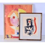 A FRAMED OIL ON BOARD ABSTRACT by Ken Grimes, together with another similar by Vincent Davidson. Lar