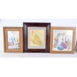 A framed pencil drawing by J Bennett of a bird together with two framed embroidered pictures 34 x 3